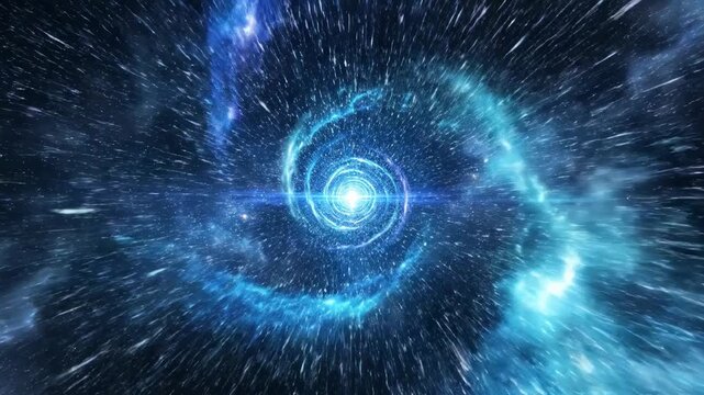 Stunning Hyperspace Journey through a glowing blue cosmic spiral nebula perfect for sci-fi backgrounds and cinematic transitions. Video.