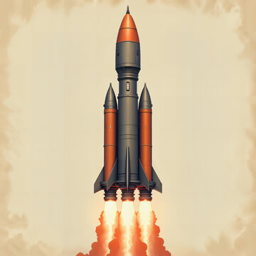 Vintage space rocket launch with smoke clouds in retro graphic style