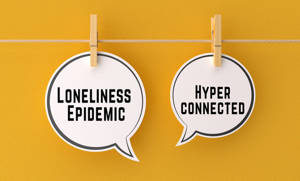 Loneliness epidemic in hyperconnected digital age social isolation debate with two speech bubbles on yellow background