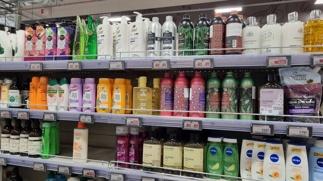 Personal care products shampoo and body wash on supermarket shelf