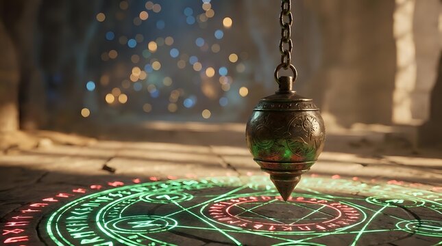 Ornate brass pendulum swinging over mystical divination circle with glowing symbols. Fortune telling, spiritual guidance, and esoteric practices concept.