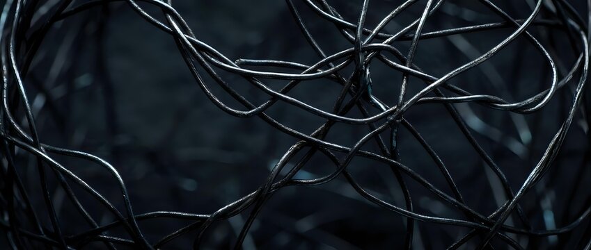 Abstract dark metallic wires tangled in chaotic pattern creating modern industrial texture for technology and connectivity concepts in graphic design.