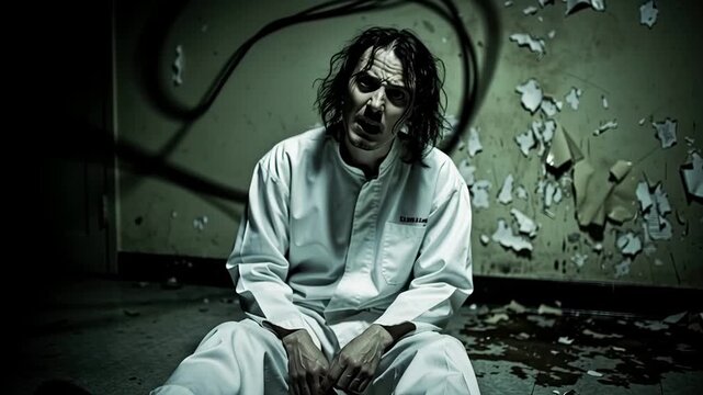Disturbed Man in Straitjacket Crying in Abandoned Asylum.