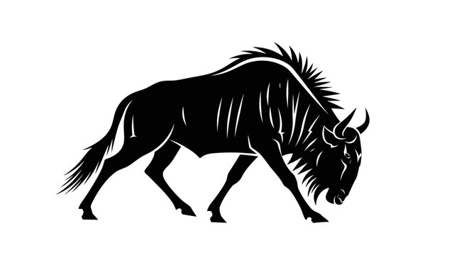 Black Silhouette of a Wildebeest with Mane and Horns Grazing
