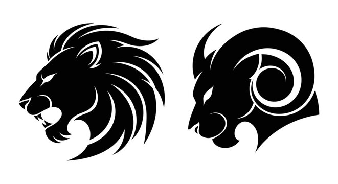 Black Silhouette of Fierce Lion Head and Aggressive Ram Profile