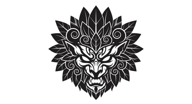 Fierce Wolf Head With Swirling Ornate Leaves And Tribal Patterns