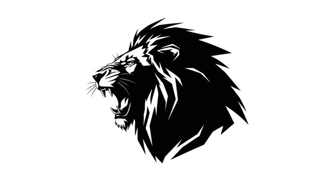 Fierce Black and White Lion Roaring Head Illustration, Powerful Animal Symbol