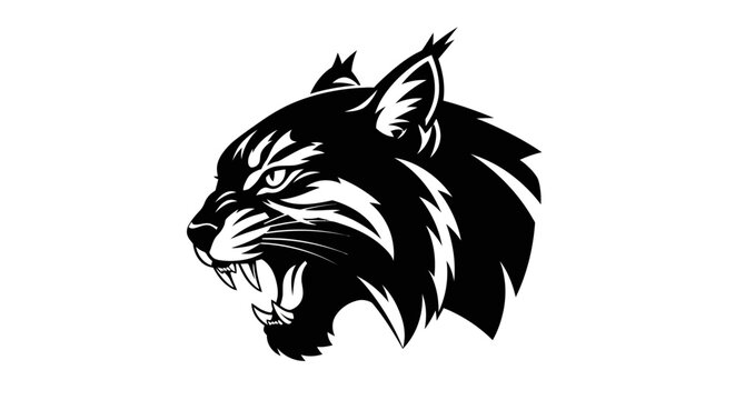 Fierce Black Bobcat Head Illustration with Sharp Teeth and Ears, Emblematic Animal Graphic