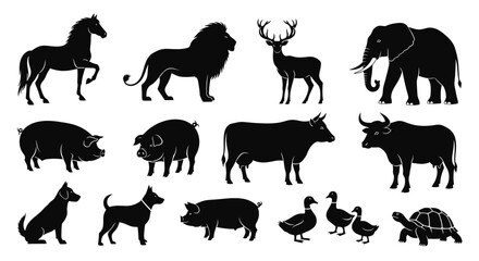 Fototapeta premium Collection of Black Silhouette Farm and Wild Animals Including Horse, Lion, Deer, Elephant, Pigs, Cows, Dogs, Ducks, and Turtle