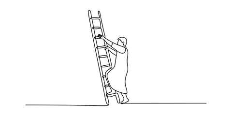 A continuous line drawing of a person climbing a tall wooden ladder towards success and future Vector, illustration © Badhon_Art Gallery