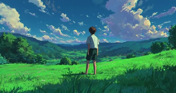 A boy sits in the green meadow and look around, in the style of anime art, lush scenery, loop animation
