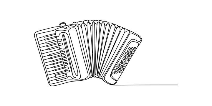 A single continuous line drawing of a musical accordion instrument on a plain white background. Vector, illustration
