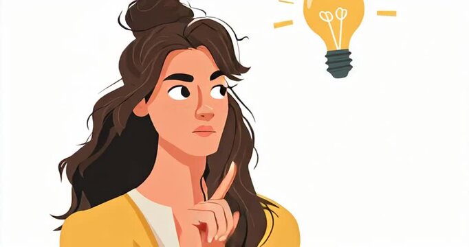 Concept of a great idea, brainstorming. woman thinking and looking for answer, hand gesture, index finger up. Solution of the problem, right decision, Eureka. 2d character animation