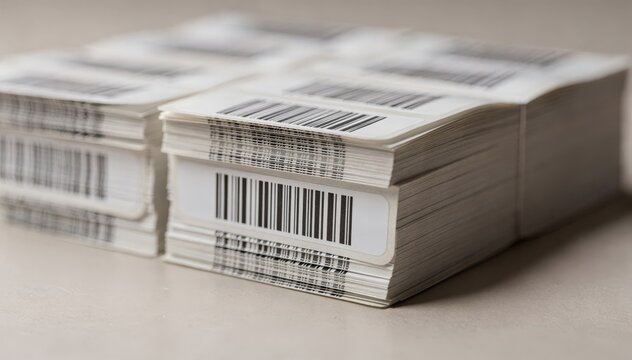 Medium shot of barcoded bulk mailing list labels stacked neatly main barcode in sharp focus with blurred surrounding labels indicating regional campaigns.