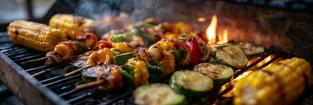 Zucchini peppers and corn roasting on smoky barbecue grill