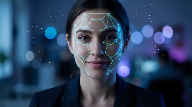 Young Asian businesswoman with facial recognition technology overlay in modern office environment with bokeh lights background for security applications.