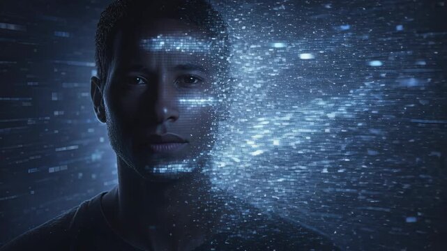 Young man facing digital transformation with particles on blue background  