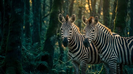Fototapeta premium Two zebras standing together in mystical forest with golden sunlight filtering through trees creating magical atmosphere for wildlife photography.