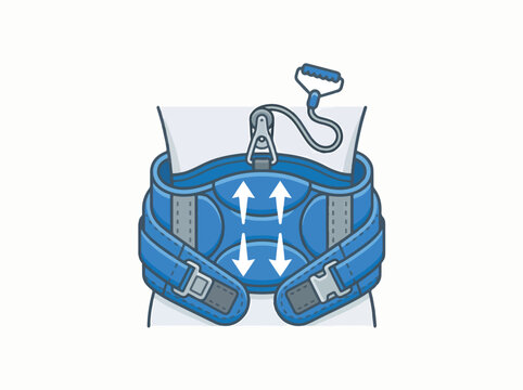 Illustration of a back support brace with straps and a pulley system designed for spinal decompression or back pain relief.
