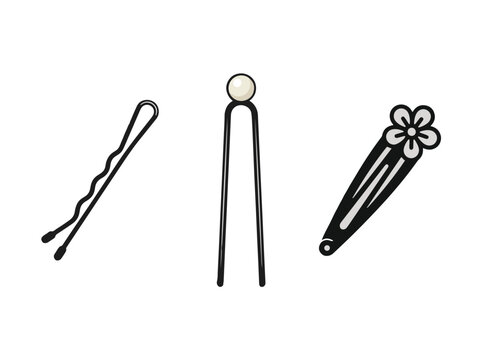 Three stylized black and white illustrations of hairpins: a bobby pin, a U-pin with a pearl, and a snap clip with a flower design on a white background.