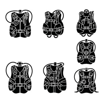 Scuba Diving BCD Vest Icons Set, Black and White Outline Graphics
