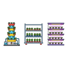 Naklejka premium Vertical Farming Systems: Hydroponics, Aeroponics, and Shelving Units