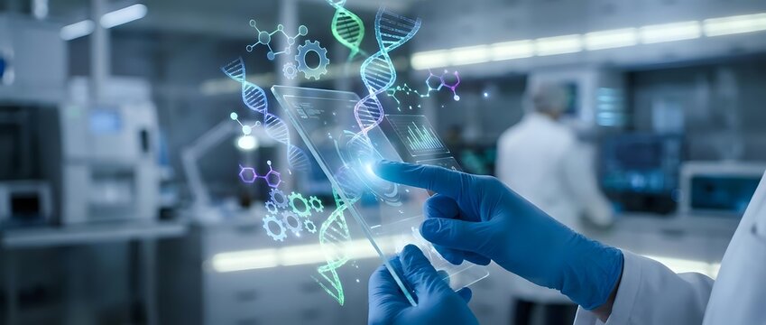 Medical researcher in blue gloves using digital tablet with holographic DNA molecules and scientific data visualization in modern laboratory setting.