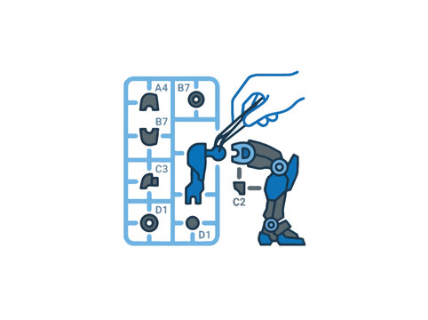 Illustration of a hand assembling a blue robot model kit using tweezers, with parts still attached to a plastic sprue. Represents hobbies, DIY, and building.