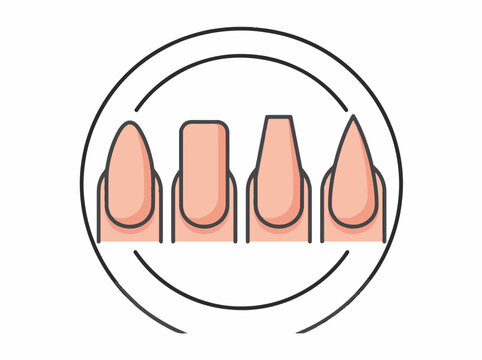 Illustration showing four different nail shapes: almond, square, squoval, and stiletto, within a circular frame.