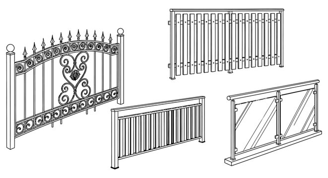 various fence and railing designs including wrought iron and glass