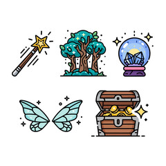 Obraz premium Magical Fantasy Icons: Wand, Forest, Crystal Ball, Wings, Treasure Chest