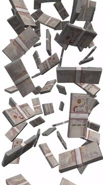Vertical Thailand Money, Falling Thai Baht Bills, Royal Thai Currency Stacks, 4K