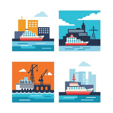 Set of Four Flat Design Maritime Cityscapes with Ships and Cranes