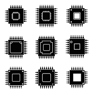 Set of black computer microchip icons, top view, isolated on white background