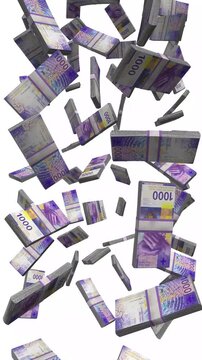 Vertical Switzerland Money, Falling Swiss Franc Bills, Luxury Banking Cash Stacks, 4K