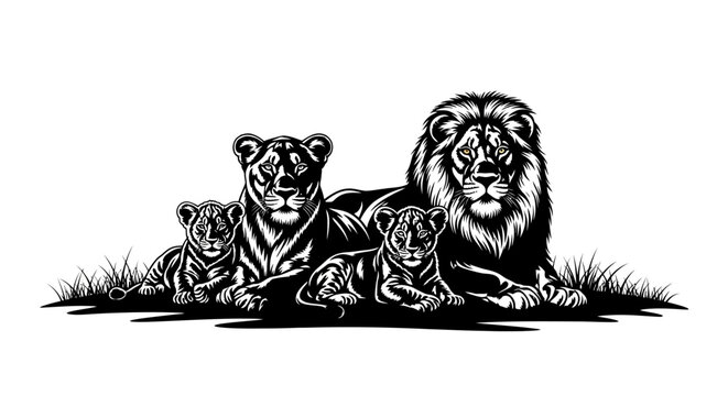 Majestic Lion Family Silhouette Resting in Grassy Savannah Under the Sun
