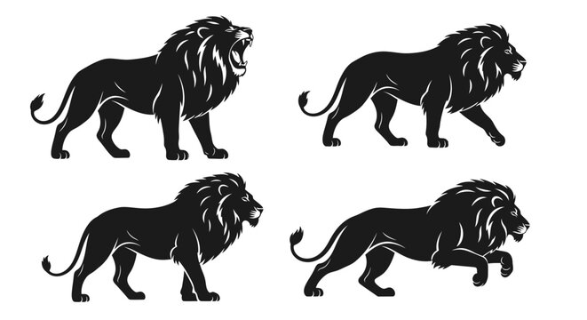 Majestic Lion Silhouettes: Roaring, Walking, Standing, and Pouncing Wild Animals