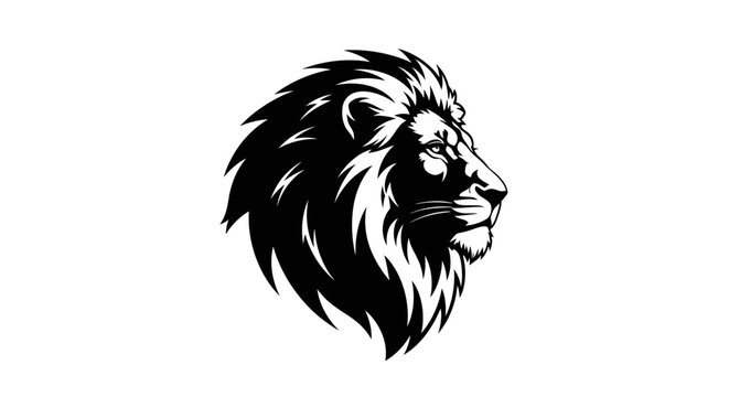 Majestic Lion Head Profile Black and White Illustration with Fierce Mane and Powerful Gaze