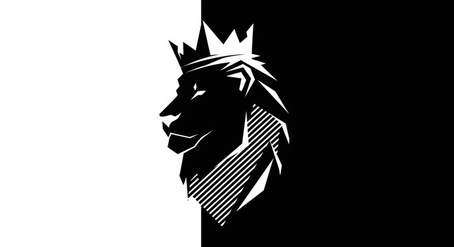 Majestic Lion Head Profile Wearing Crown Icon Against Black and White Background