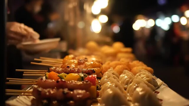 Delicious street food skewers and dumplings displayed under warm lights at night, creating a vibrant culinary scene