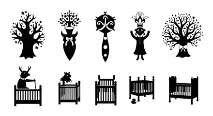 Fototapeta premium Whimsical Silhouette Icons: Trees, Cribs, and Characters for Baby and Nursery Themes