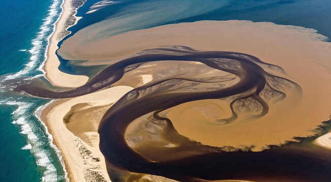 Aerial view of a winding dark river delta meeting the ocean with sandbars