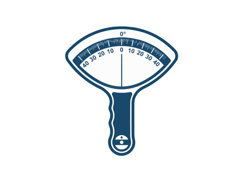 A clinical inclinometer, a tool for measuring joint range of motion. It features a semicircular scale with markings and a pointer.