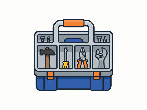 A colorful illustration of an open toolbox filled with various tools, including a hammer, screwdriver, pliers, wrench, and screws.