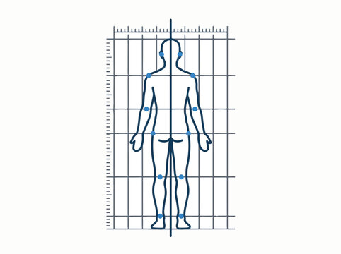 Human body silhouette with measurement grid and anatomical markers, indicating a system for body tracking or measurement.