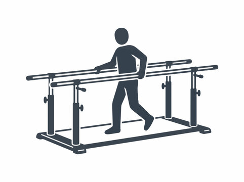 A dark silhouette of a person walking between adjustable parallel bars, commonly used for physical therapy, rehabilitation, or gait training exercises.