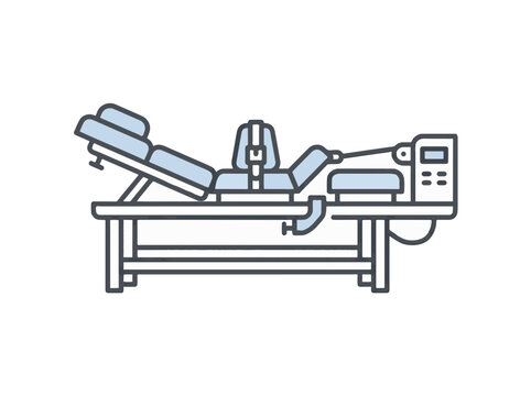 Line art of a medical spinal decompression or traction table with adjustable sections, patient straps, and a control unit, used for physical therapy and treatment.