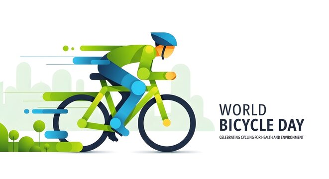 Speeding cyclist in abstract graphic style with motion lines through green landscape celebrating world bicycle day for health and environment