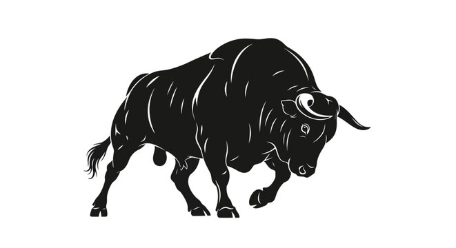 Powerful Black Bull Silhouette Charging Forward with Strength and Determination