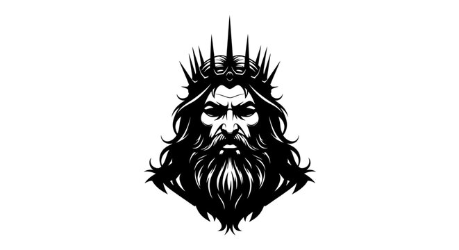 Powerful King with Majestic Crown and Flowing Beard in Black and White